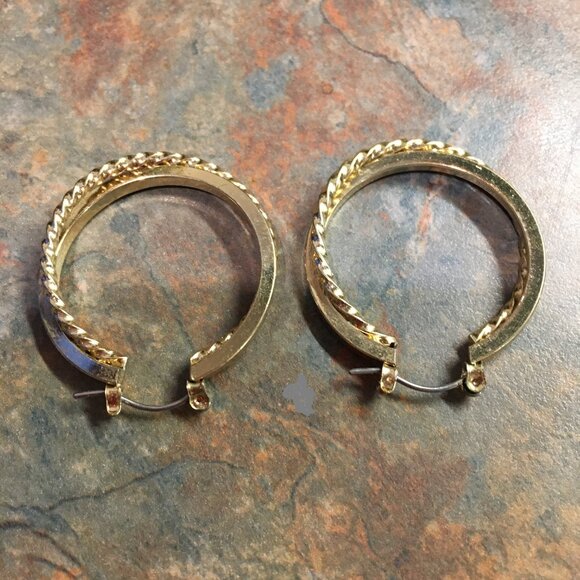Goldtone Twist And Solid Double Hoop Pierced Earrings - Picture 1 of 5